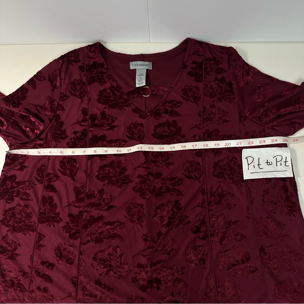 Catherines Red Moroon 3/4 Sleeve Burnout Crushed Velvet Tunic 1X/18-20 Holidays - Picture 9 of 13